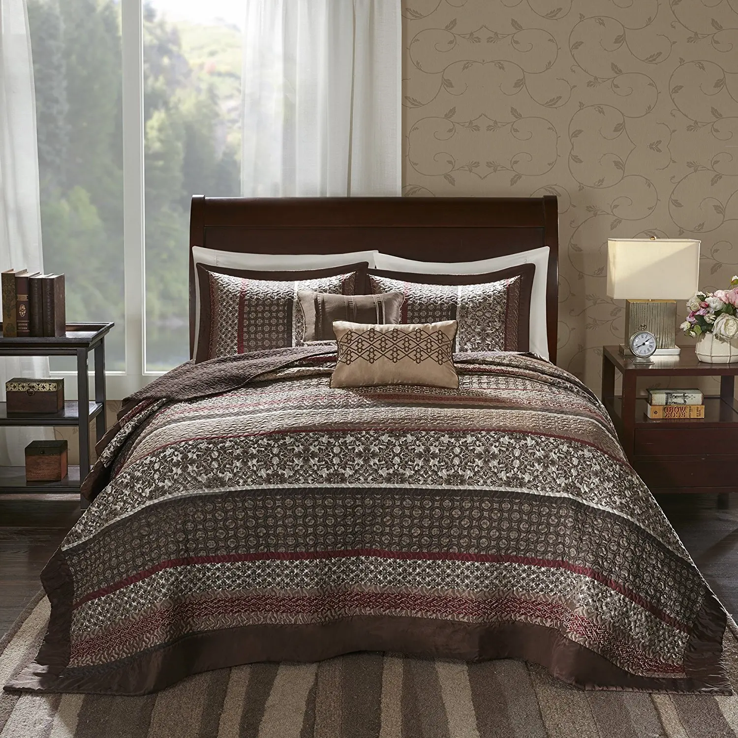 Buy 5 Piece 118x120 Jacquard Brown Oversized King Bedspread Set To The ...