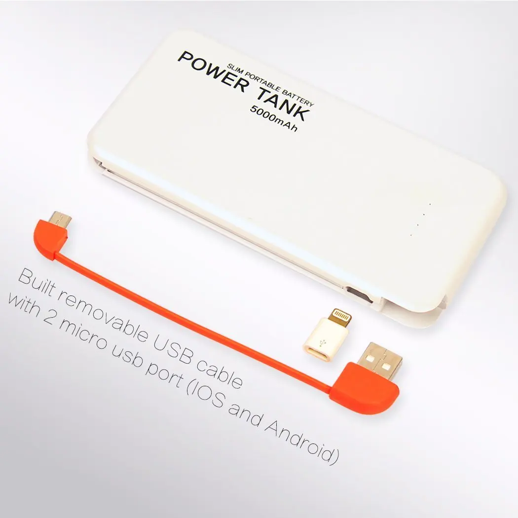 RC 5000mAh-Power-Bank Slim-Portable-Battery Built-in Micro USB Cable with 8-pin adapter/micro USB Port External Battery-Charger-Pack for iPhone 6 6s, Samsung-Galaxy HTC Motorola Android Phones-White.
