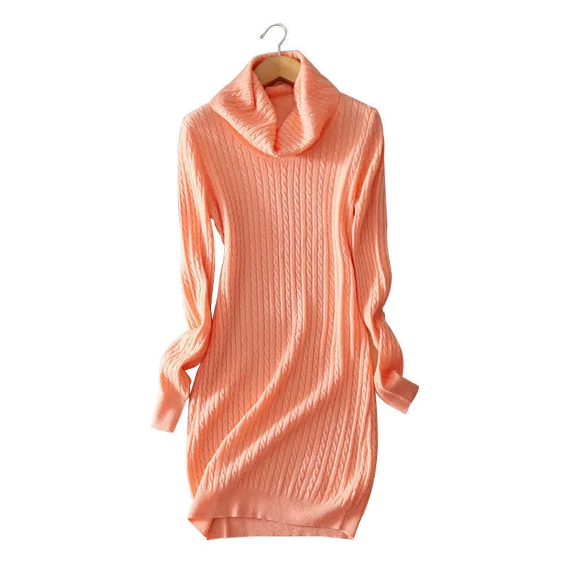 5 colors Women s dress 100 cashmere knitted knee length dresses turn down collar warm font