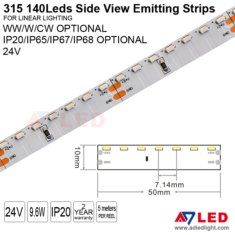 Side view emitting smd 315 140leds 24V 3000K 6500K 9000K led strip lighting flexible for clothing display showcase