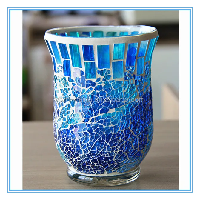 Dia20*45cm Handmade Crackle Mosaic Blue Glass Hurricane Candle Holder