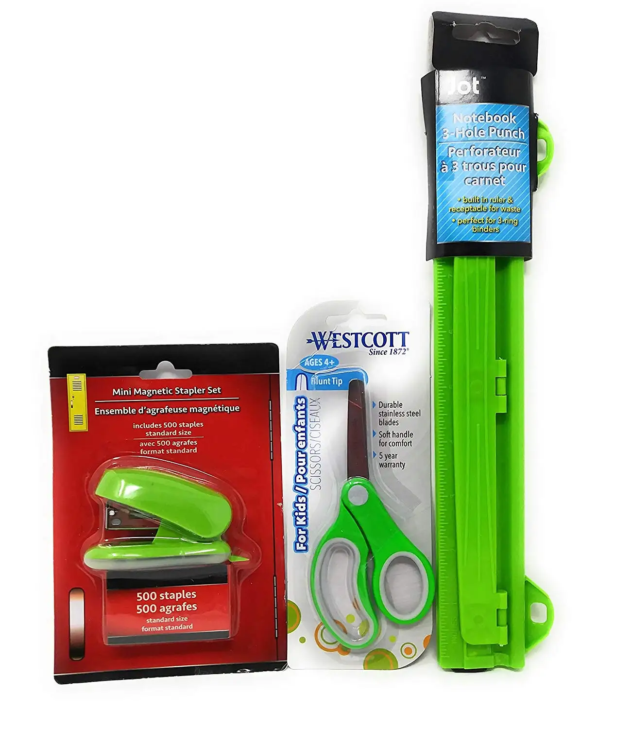 Back to School Student Toddler Pre-school Elementary Middle School Classroom Teacher Student JOT 3 Ring Hole Punch, Mini Stapler w/refills, Wescott Kids Scissors Set GREEN