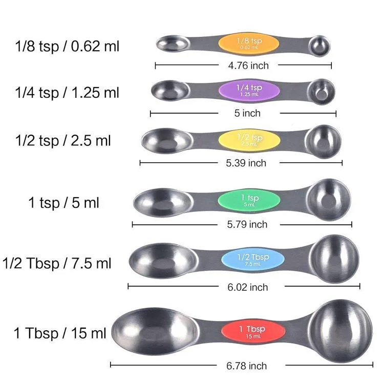 Magnetic Stainless Steel Measuring Spoons Set - 6 Metal Accurate Spoons ...