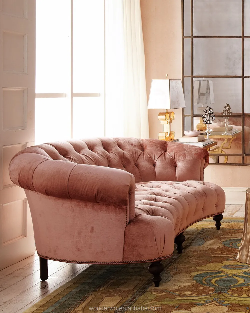 Clic Hollywood Style Blush Velvet Tufted Sofa Curves Cozy Couch Clic Hollywood Style Blush Velvet Tufted Sofa Curves Cozy Couch Living Room Furniture