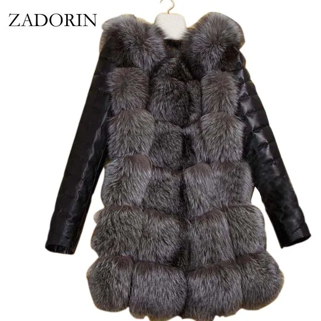 Fashionable winter coat women's thick artificial fox fur coat and PU sleeve women's fake leather jacket