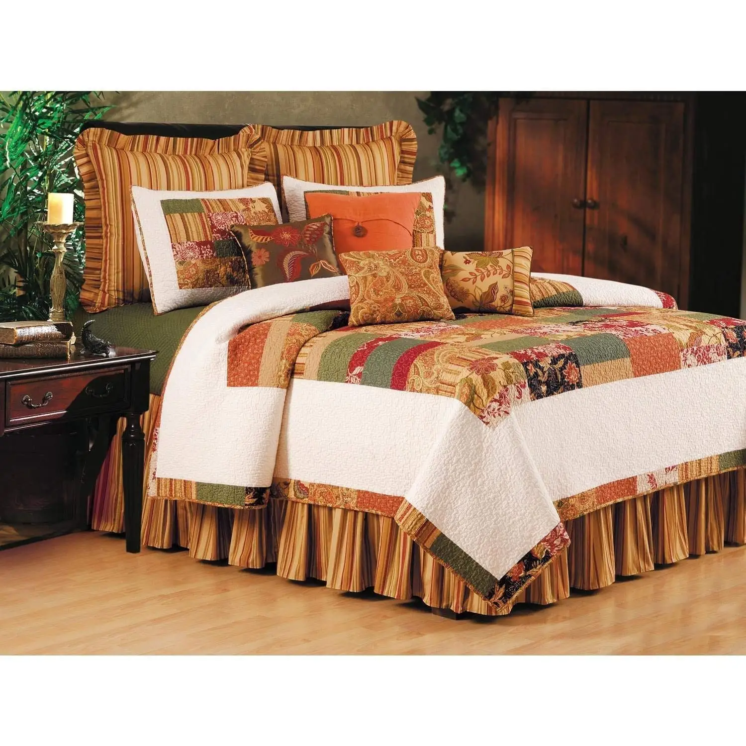 2pc Rust Orange Twin Paisley Stripe Floral Quilt Set, Cotton, Brown Brick Red Mossy Green White Border Patchwork French Country Teen Bedding Kids Bedroom Bohemian Hippie Rustic Western Vintage