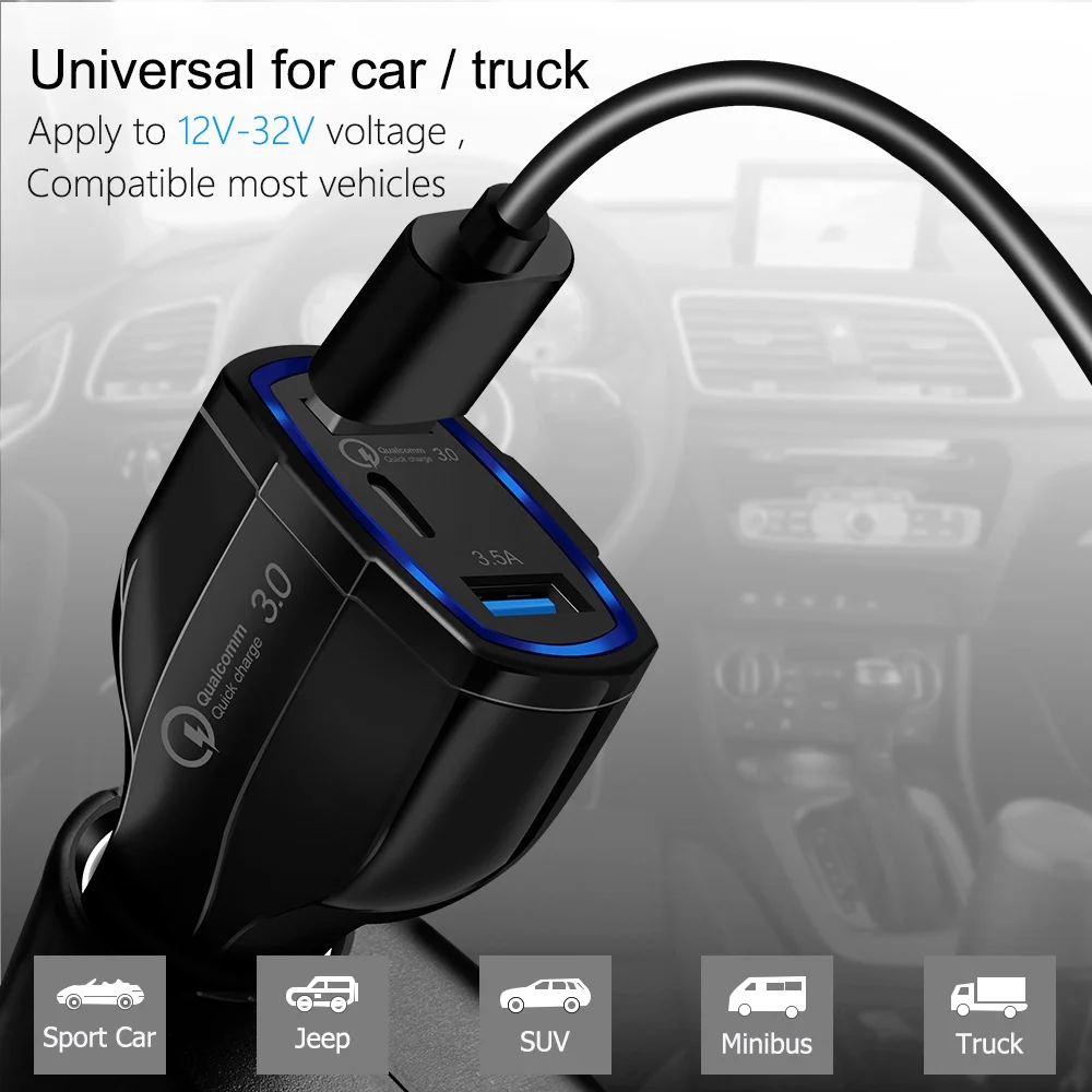 Free Shipping XINBEST Newest Portable Dual USB+TYPE C Quick Charge 3.0 Car Charger Mobile Phone Charger USB Car Charger