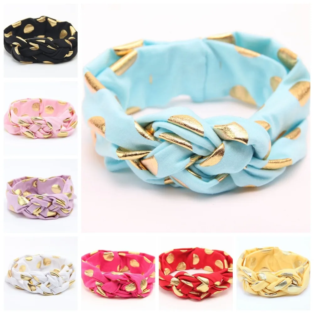 Free shipping 10pcs lot Gold Polka Dot Knot Headband Baby Turban Braid Headband