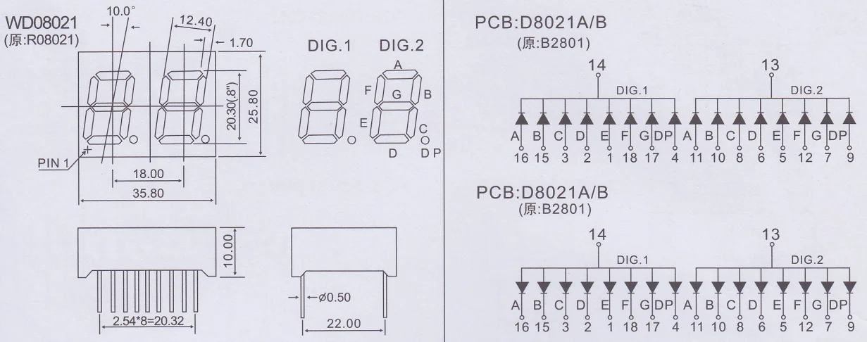 2 digit 7 segment led display 0.8''