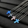 925 Sterling Silver/Stainless Steel Chain Blue/Pink Opal Cross Necklace