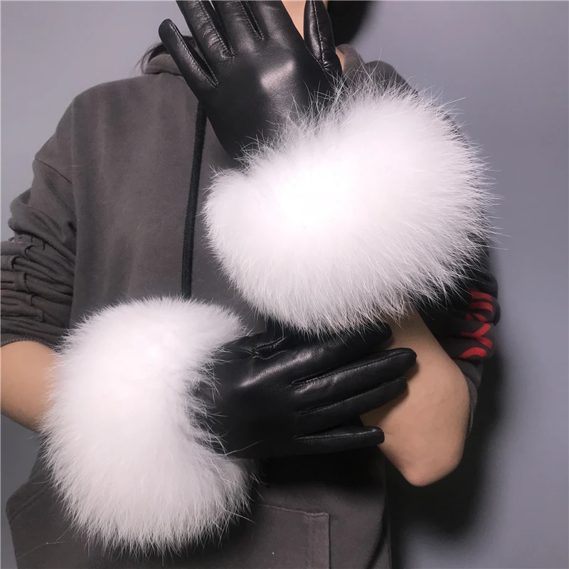 Real Fox Fur Gloves Women Wholesale Genuine Sheepskin Motorcycle Women Leather Gloves Warm 9668