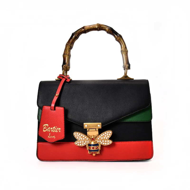 2017 New Design Color Match Beautiful Bamboo Handle Custom-made PU Leather Small Shoulder Ladies Bags Handbag