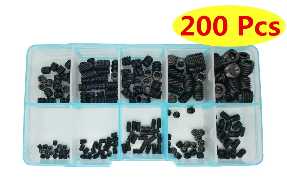 Guard4U 200Pcs 12.9-Class Black Alloy Steel Allen Head Socket Hex Grub Screw Set Assortment Kit, For M3 M4 M5 M6 M8 (10 Sizes)
