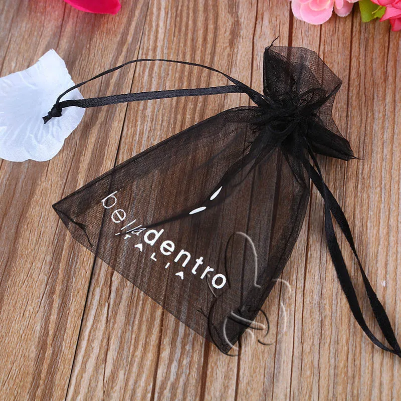 Custom Logo Printed Black Small Organza Bags Drawstring Gauze Fabric