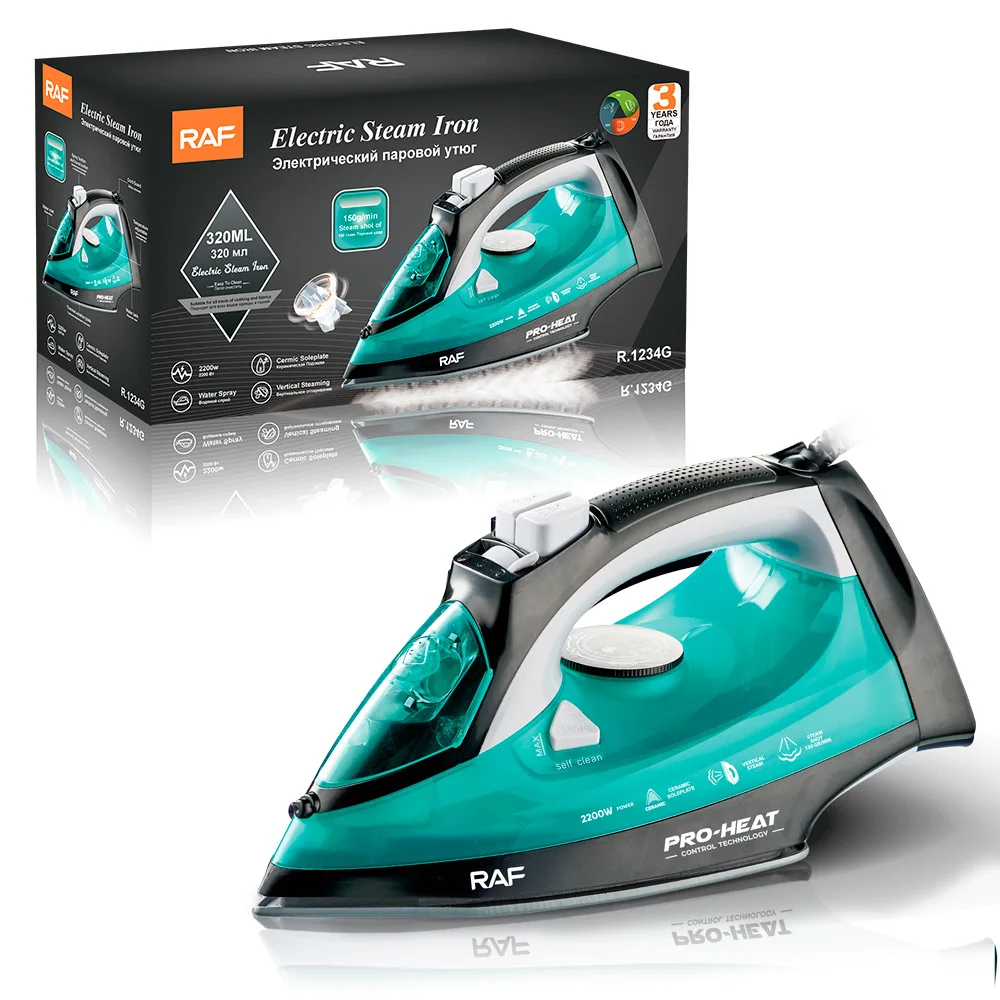 RAF European American 2200W Ceramic Steam Iron Burst Steam 150ml Water Tank 1.4m Cord-Hand-Held Hanging Wire Design for Wet/Dry