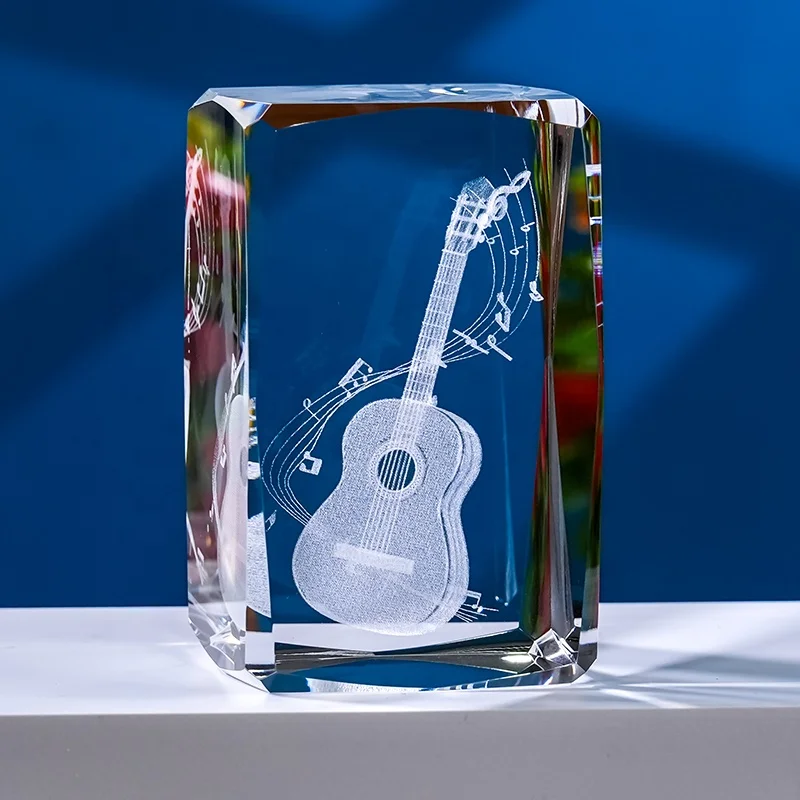 New Arrival K9 Cube Trophy 3D Laser Crystal Glass Music Theme Souvenir Gift Piano Violin Guitar Performance Decor Hand Carved supplier