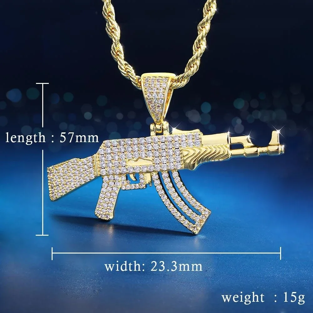 Emoji With Ak47 Gun Pendant 14k Gold Finish Hip Hop Iced Out Rapper Necklace