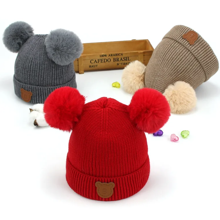 LRT Wholesale Winter Custom Logo Kids Brushed Hat Pure Color Earflaps Cap Cute Bear Baby Knitted Hat With Pom Pom Ears