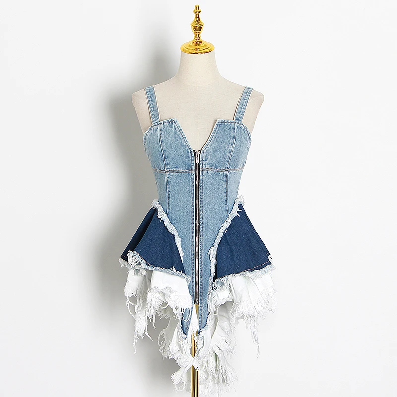 TWOTWINSTYLE Sexy Patchwork Denim Square Collar Sleeveless Tunic Mesh Ruffles Hit Color Vests Female