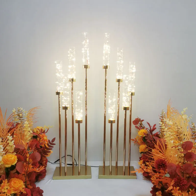 5 Heads Metal Candelabra Gold Candle Holder Acrylic Wedding Table Centerpiece Candlestick Candle