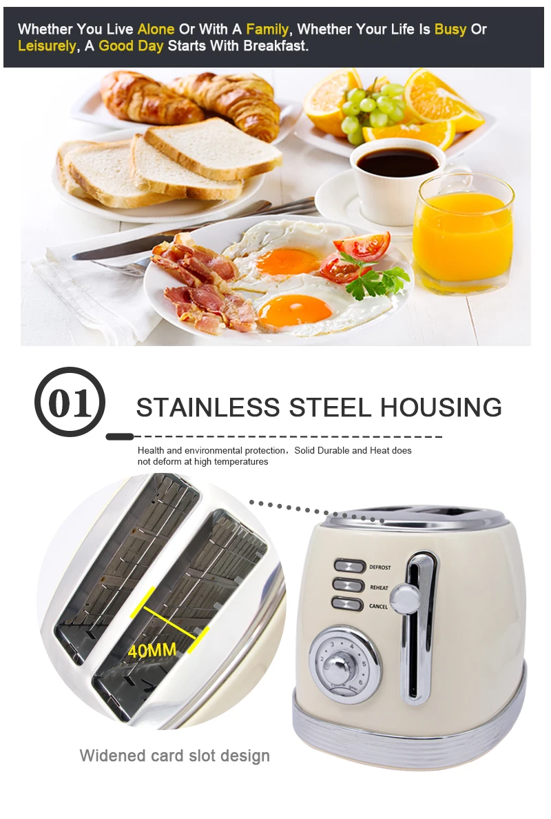 2020 new design 2 slice Retro-style toaster electric crumb tray household toaster with Stainless Steel Panel