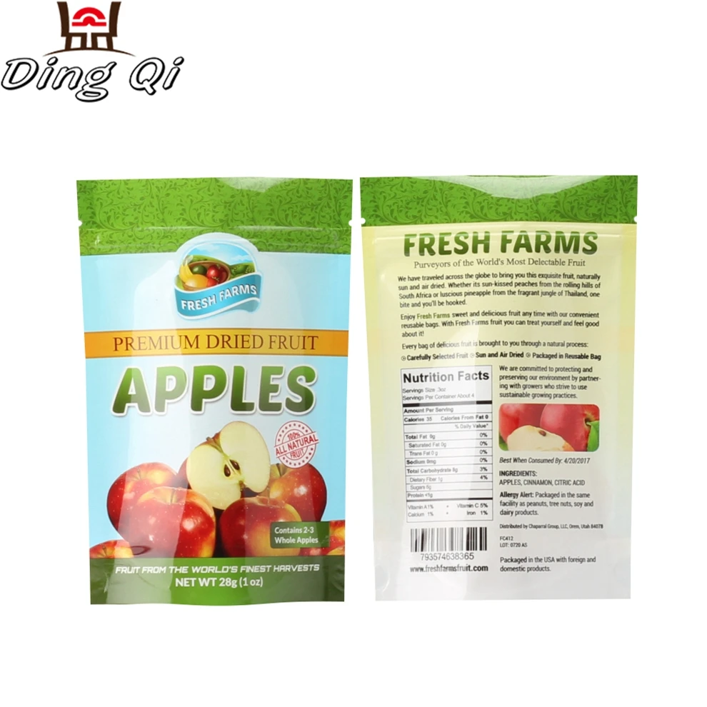 Custom design printing snack bag food grade plastic stand up packaging bag for fruit