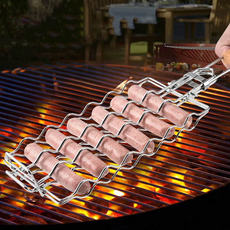 Sausage BBQ Net 304 Stainless Steel Hot Dog Grill Detachable Folding Portable BBQ Net Clip factory