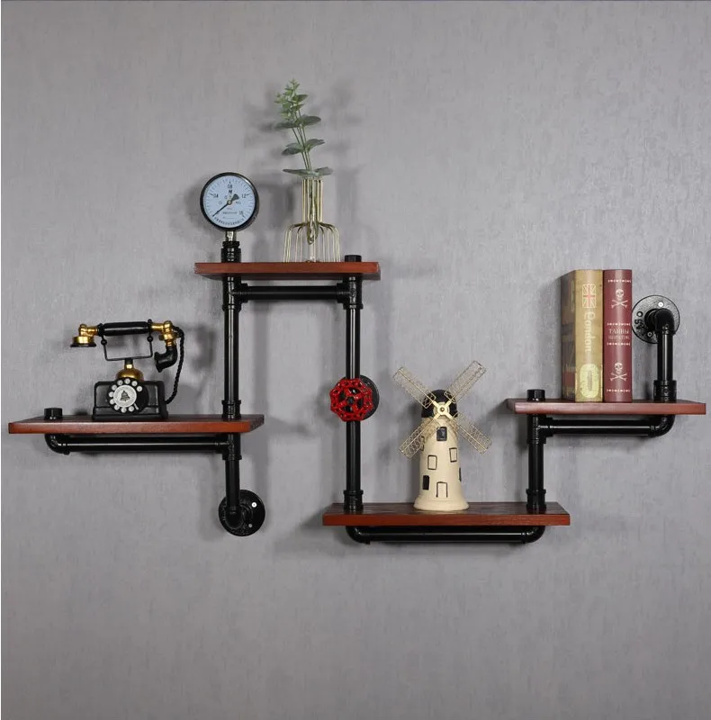 North European Iron Mesh Home Wall Storage Rack With Hook Wood Wall Shelf