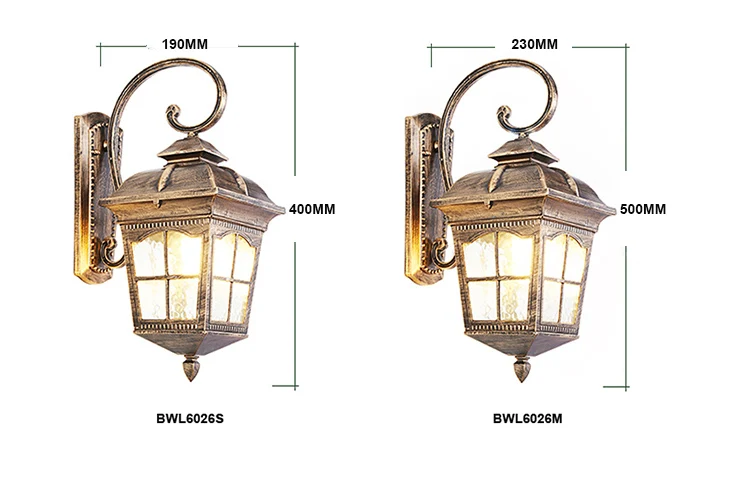 European antique brass waterproof aluminum glass outdoor garden LED light wall light  fixture