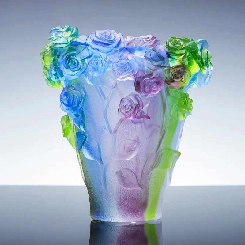 Luxury Antique Murano Crystal Vase High Quality Home Decorations Carved Rose flower Green Blue Color Casting Souvenir Gifts manufacture