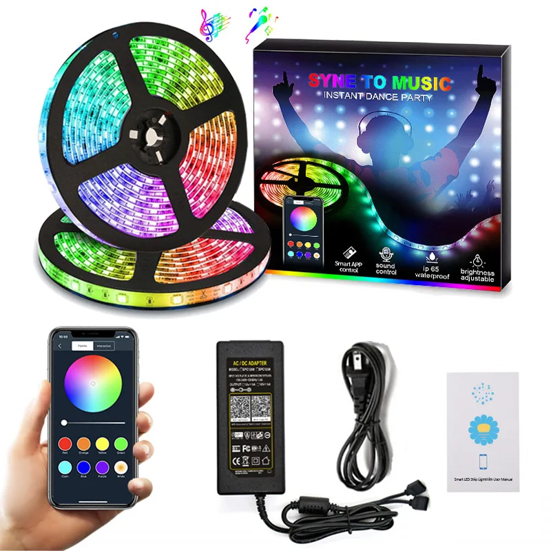 Flexible RGB Multicolor LED Strip Lights with Bluetooth APP Controlled 10m/32ft 5050 SMD LED Lights IP65 24keys remote