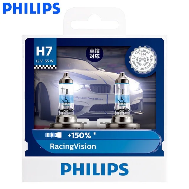 Philips H7 Racing Vision +150% 12V 55W More Bright Car Headlight Auto Halogen Lamp Rally Performance ECE 12972RV S2, Pair