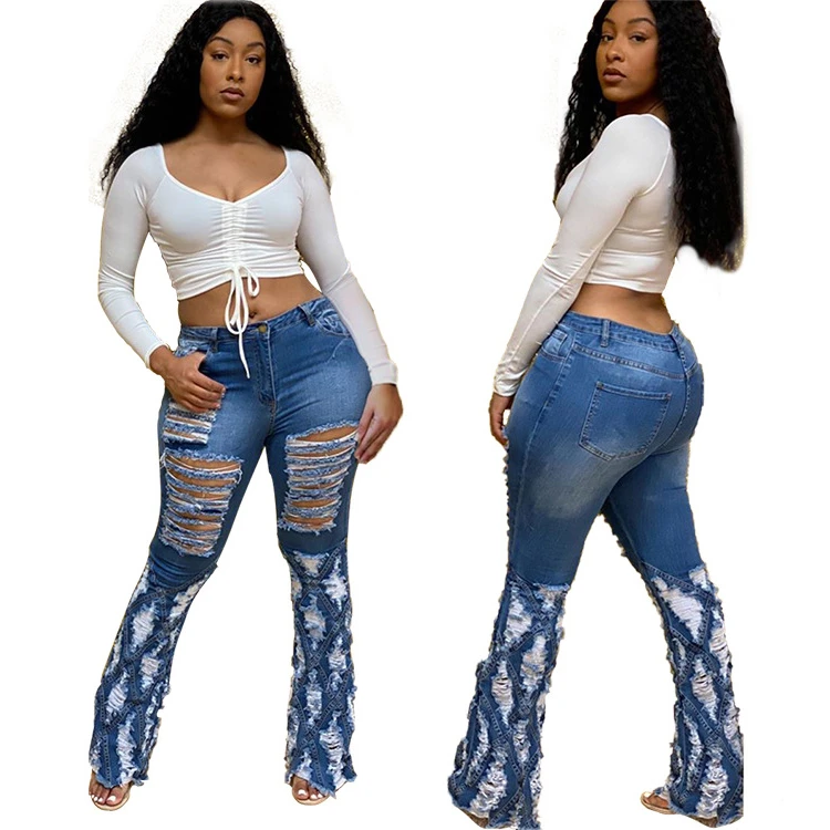 Latest Design 2021 Fashion Streetwear Holes Women Flare Denim Pants Female Bottoms Ladies Trousers Jeans Pants