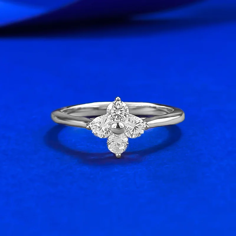 Small Fresh Style S925 Silver Ring Live New Four-leaf Clover with Geometric Lab Diamond Lucky Grass French for Party Gift