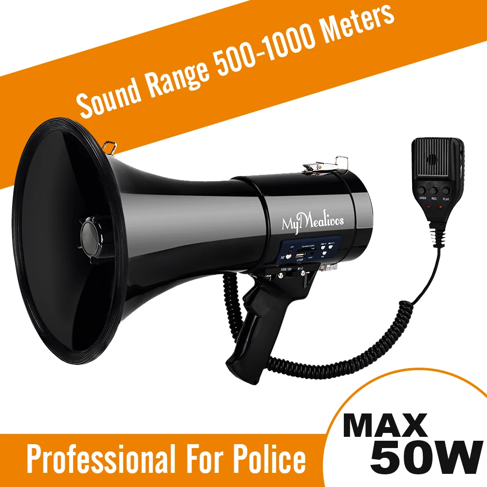 MGROLX Professional 50w Megaphone Bullhorn-Loud Speaker With Detachable Microphone-Rechargeable Battery&Portable Strap-Siren And 260S Recording-USB/SD/AUX Input-For Police Cheerleading Outdoor Event 