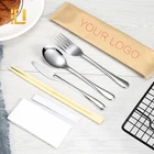Portable Takeaway Disposable Cutlery Pack 4 in 1 Set Stainless Steel Cutlery Bamboo Chopsticks