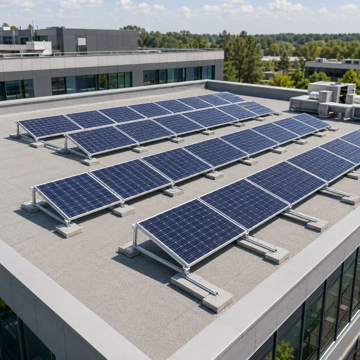 Top-down view of 15 black solar panels mounted on a pitched residential roof