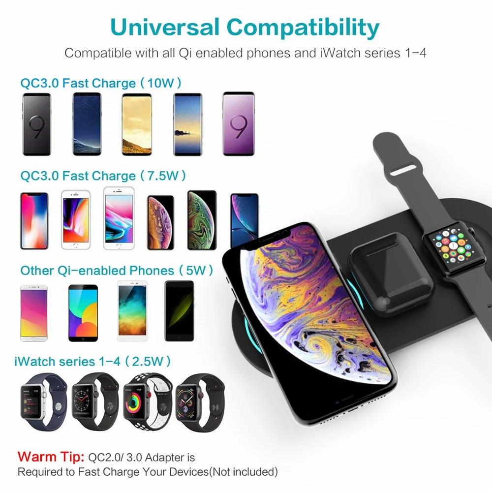 MIQ 10W 3 in 1 Wireless Charger Stand for Apple Watch,Mobile Phone, air pods,Built in 3 Coils charging pad