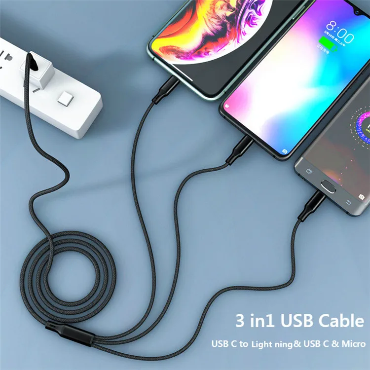 Amazon hot sale 3A Fast Charging 1.25M 3 In 1 USB C Cable to Light ning For iPhone 12 USB C to MIcro Type C Charging Cable - ANKUX.COM