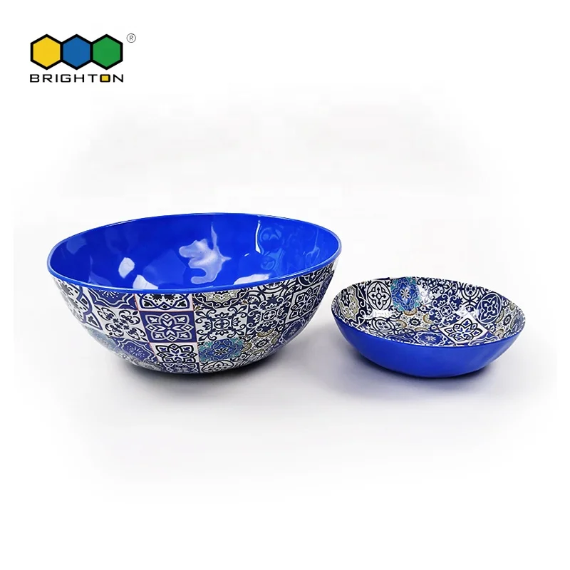 
new design solid color melamine mixing blue color with decal bowl set 