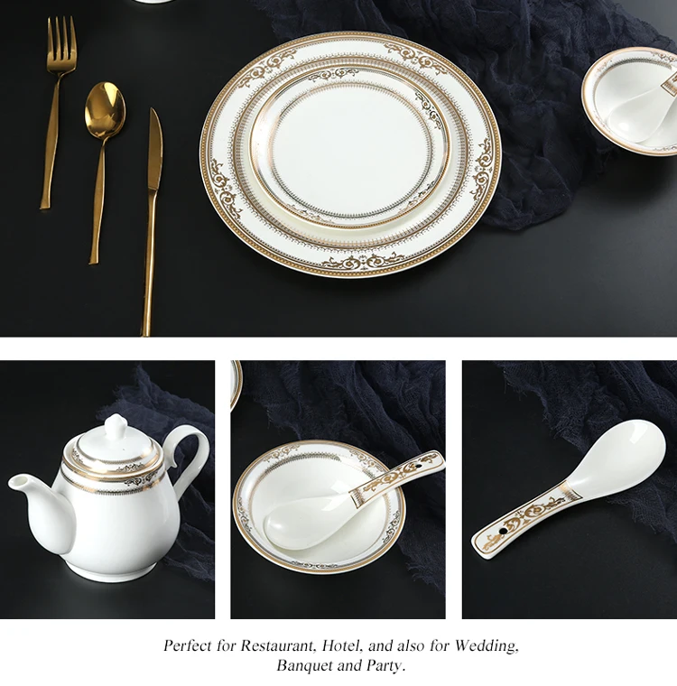 Fine Bone China Dinnerware Dinner Set With Embossed Gold Decal Dinnerware