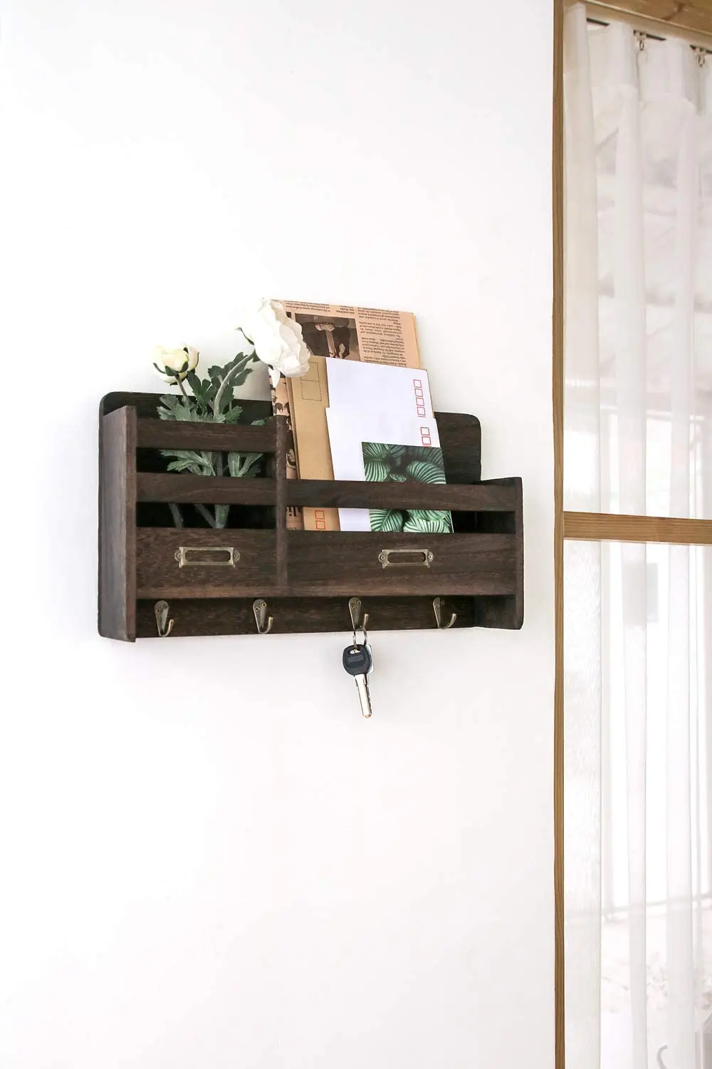 TQVAI Rustic Wood Mail Sorter with 4 Key Hooks Wall Mounted Mail Holder Letter Bills Organizer 
