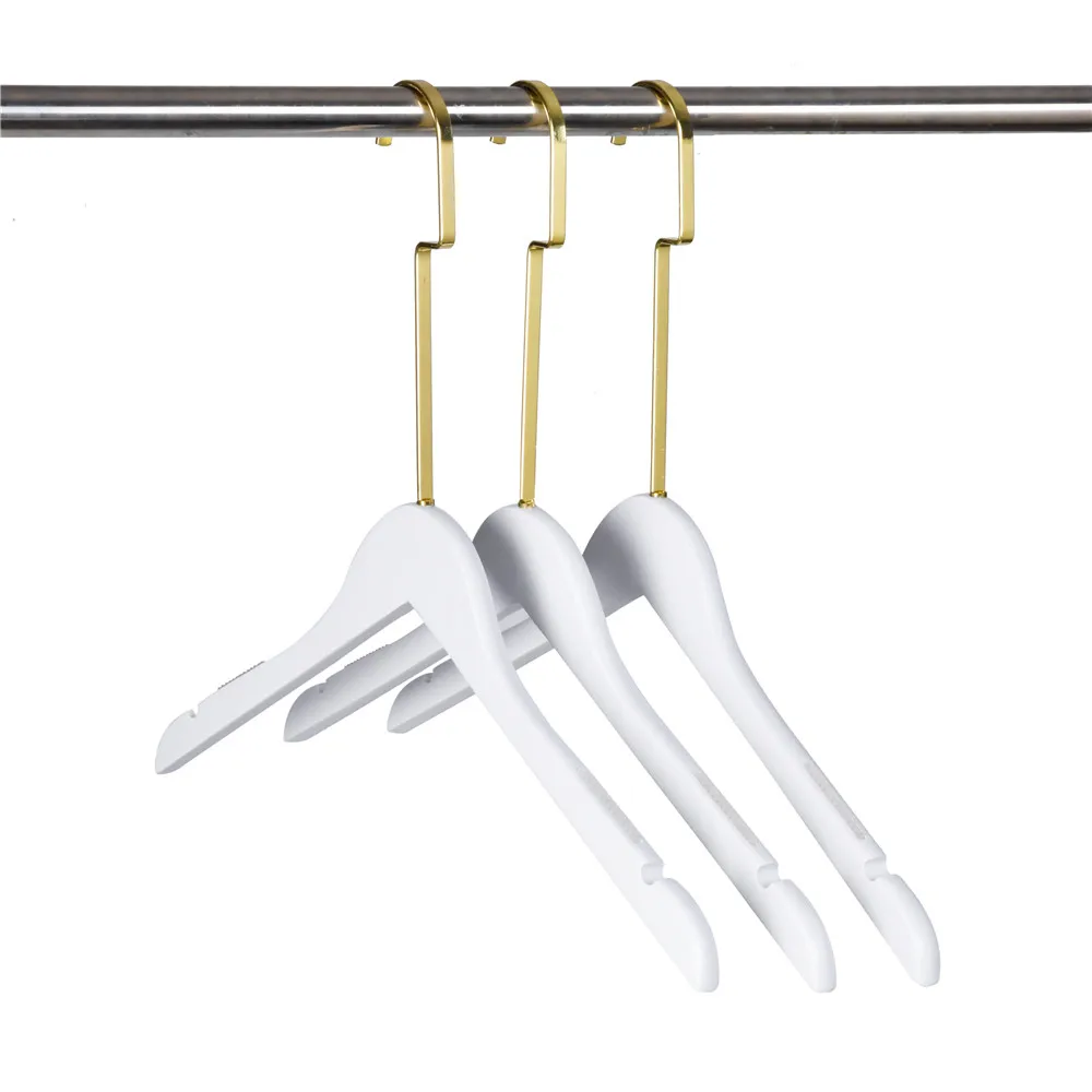 Bestseller 2022 White Wide Shoulders Wooden Hangers With Flat Shiny Gold Hook For Clothes Buy