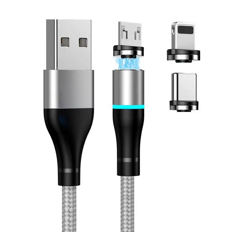 Nylon Braided Cable Fast Charger Mobile Phone Android Micro Usb For iPhone Type-C Usb-C Cable 3 In 1 Led Magnetic Charging Cable