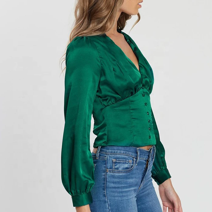 Women New Design Plunge V Neck Blouson Sleeves Emerald Green Satin ...