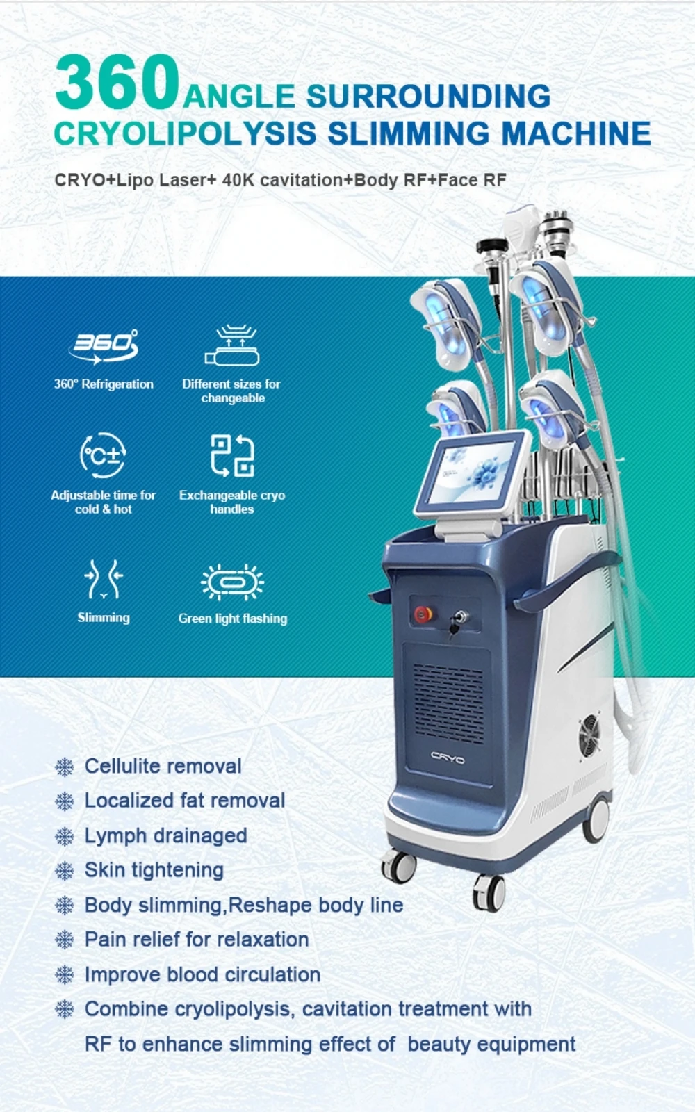 2020 vertical double chin 7 in 1 360 degree fat freeze rf cryo vacuum cavitation slimming therapy cryolipolysis machine