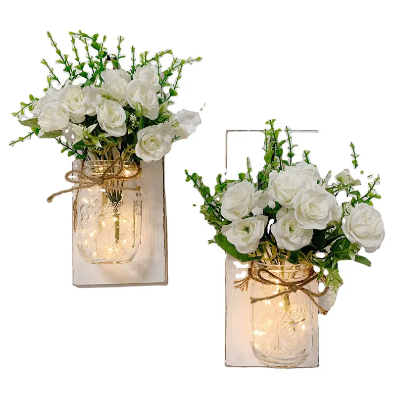 2Pcs/Set LED Mason Jar Sconce String Lights and Flowers with Hanging Mason Jar Wall Sconce