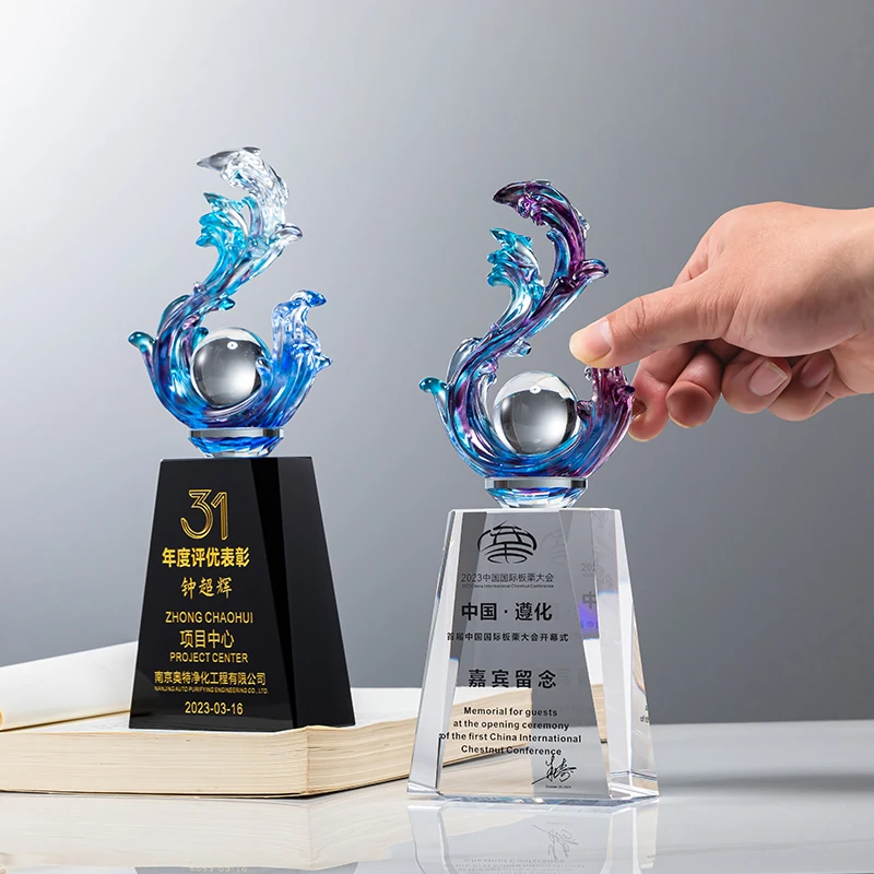 2024 High Quality Water Wave shape Trophy Crystal Glass ball Trophy  business sport events souvenirs trophy supplier