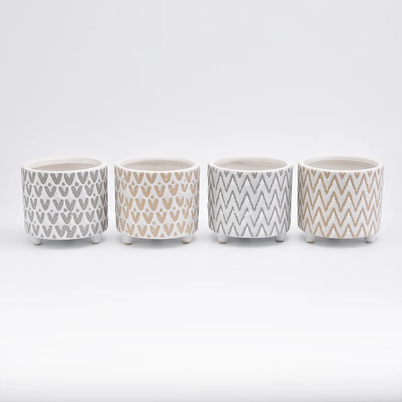 Wholesales Footed Cylinder Ceramic Holders in Grey V and dots Pattern Home Decoration