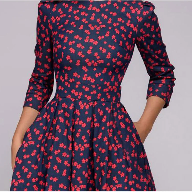 Women Elegent A-line Dress 2021 Vintage printing party vestidos Three Quarter Sleeve women Spring Dress(No Pockets) N0080